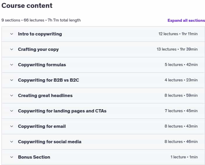 Course topics · Udemy — Modern Copywriting: Writing copy that sells in 2025 2025-6