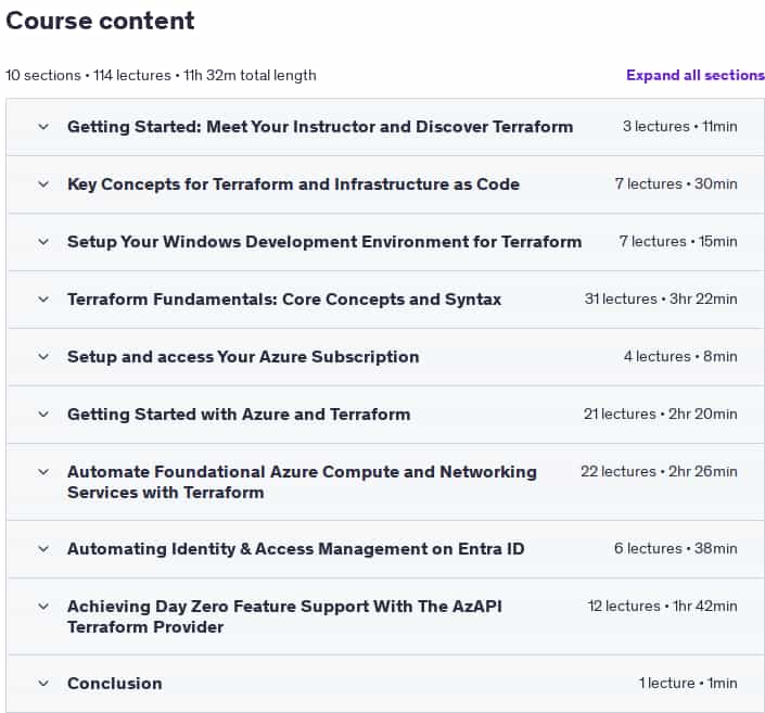 Course topics · Terraform 101: The Ultimate Hands-On Guide [Azure Edition] 2025-4