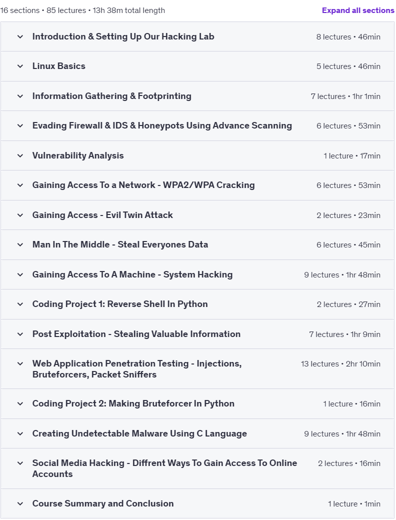 Course topics · Udemy — Complete Ethical Hacking & Cyber Security Masterclass Course 2020-1