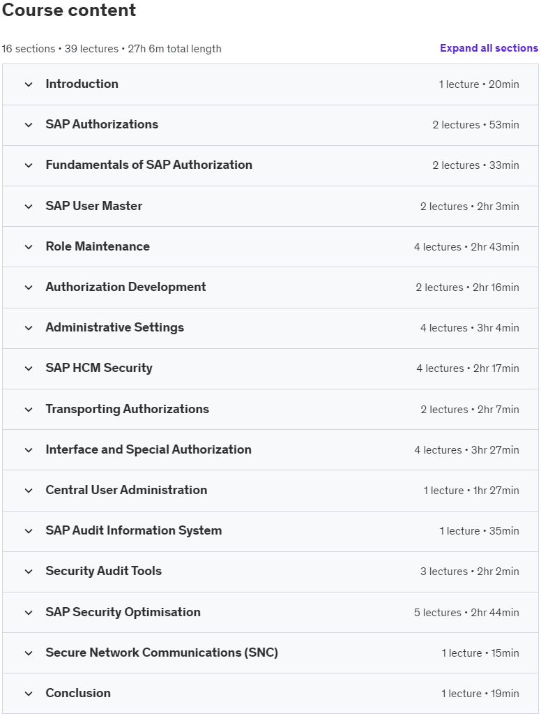 Course topics · Udemy — SAP Security Administration 2023-2