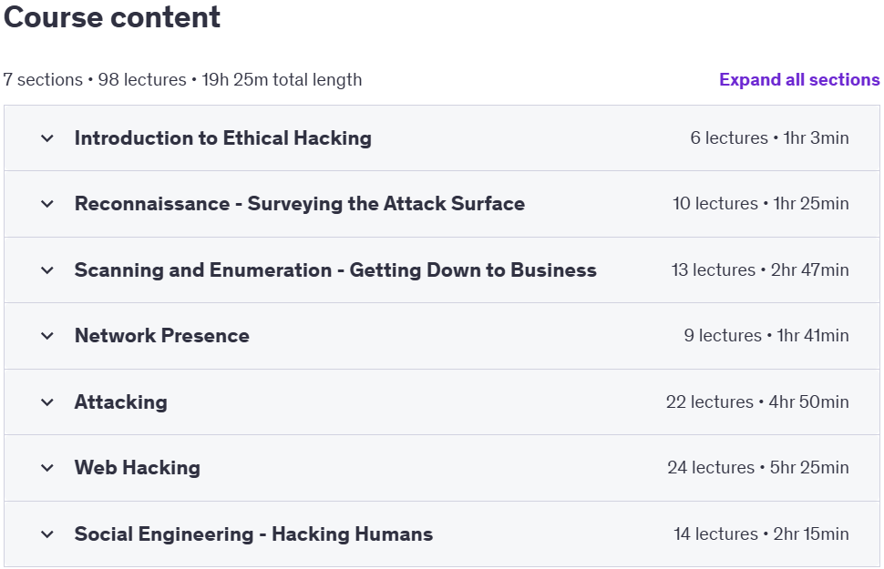 Course topics · Udemy — The Complete Ethical Hacking Course! 2024-11