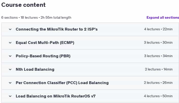 Course topics · Udemy — Load Balancing & Failover on MikroTik (RouterOS v6 and v7) 2025-1