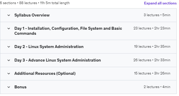 Course topics · Udemy — 3 Days Linux Administration Course 2023-11