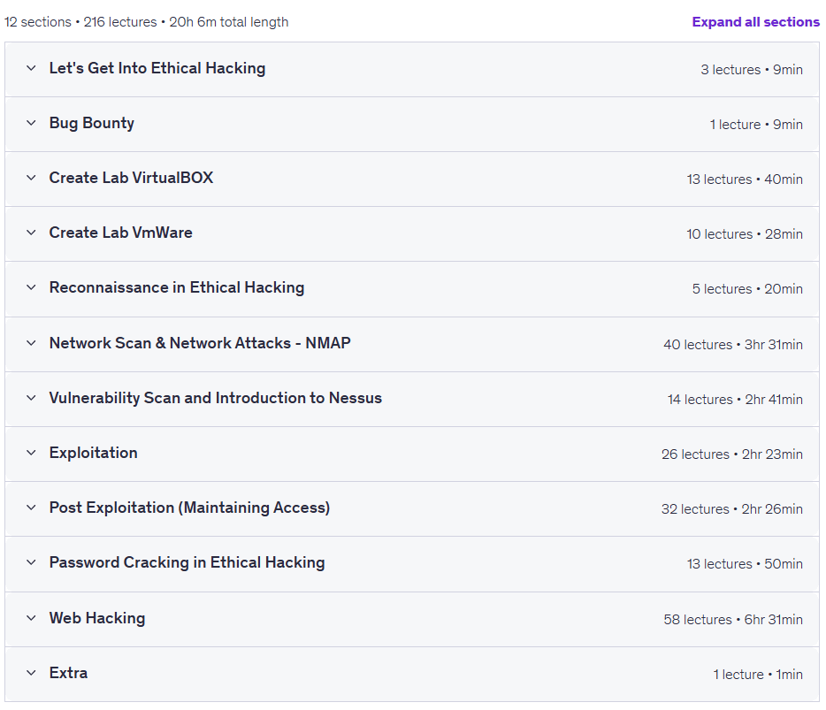 Course topics · Udemy — Ethical Hacking: Become Ethical Hacker | Penetration Testing 2025-12