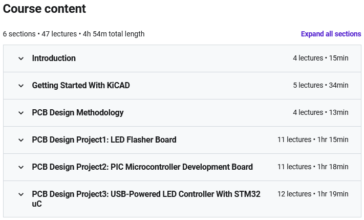 Course topics · Udemy — KiCAD PCB Design For Embedded Systems & Electronics Projects 2020-9