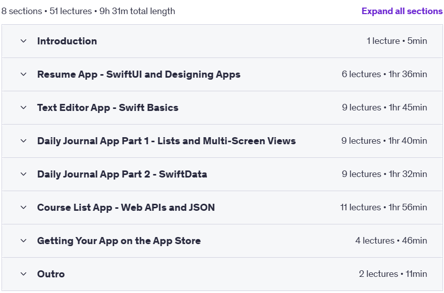 Course topics · Udemy — iPhone Apps for Complete Beginners – Swift, SwiftUI & iOS17 2023-9