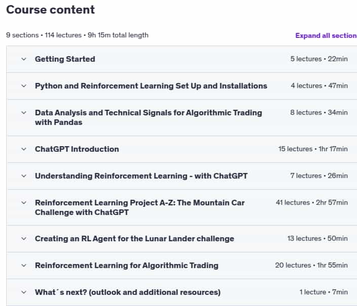 Course topics · Udemy — Reinforcement Learning for Algorithmic Trading with Python 2025-7
