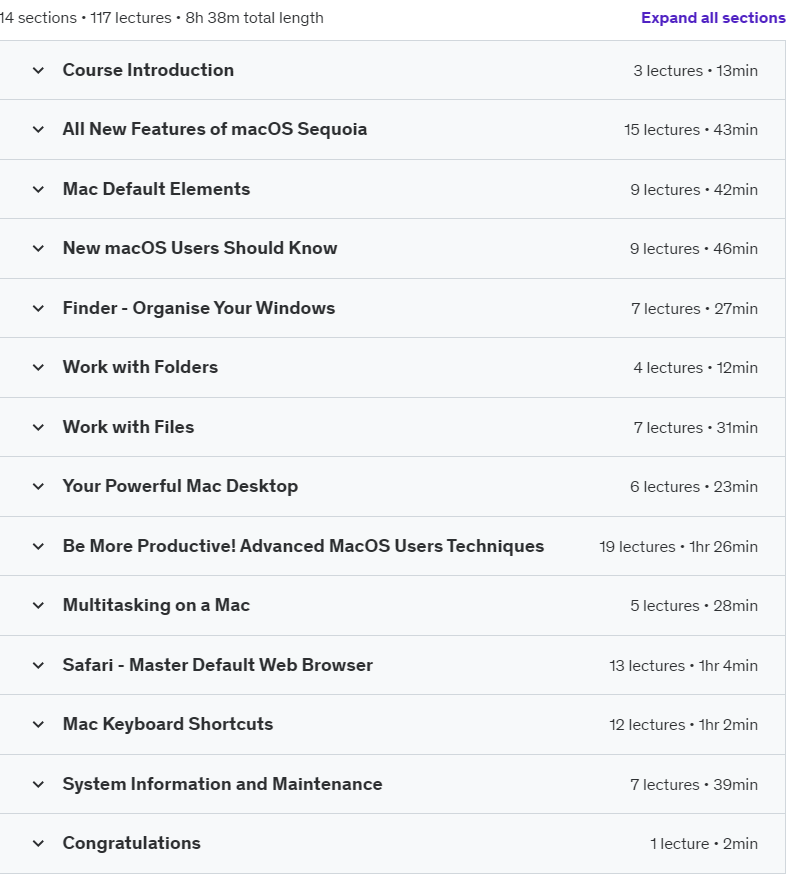 Course topics · Udemy — Master macOS Sequoia – The Complete up-to-date Course 2024-8