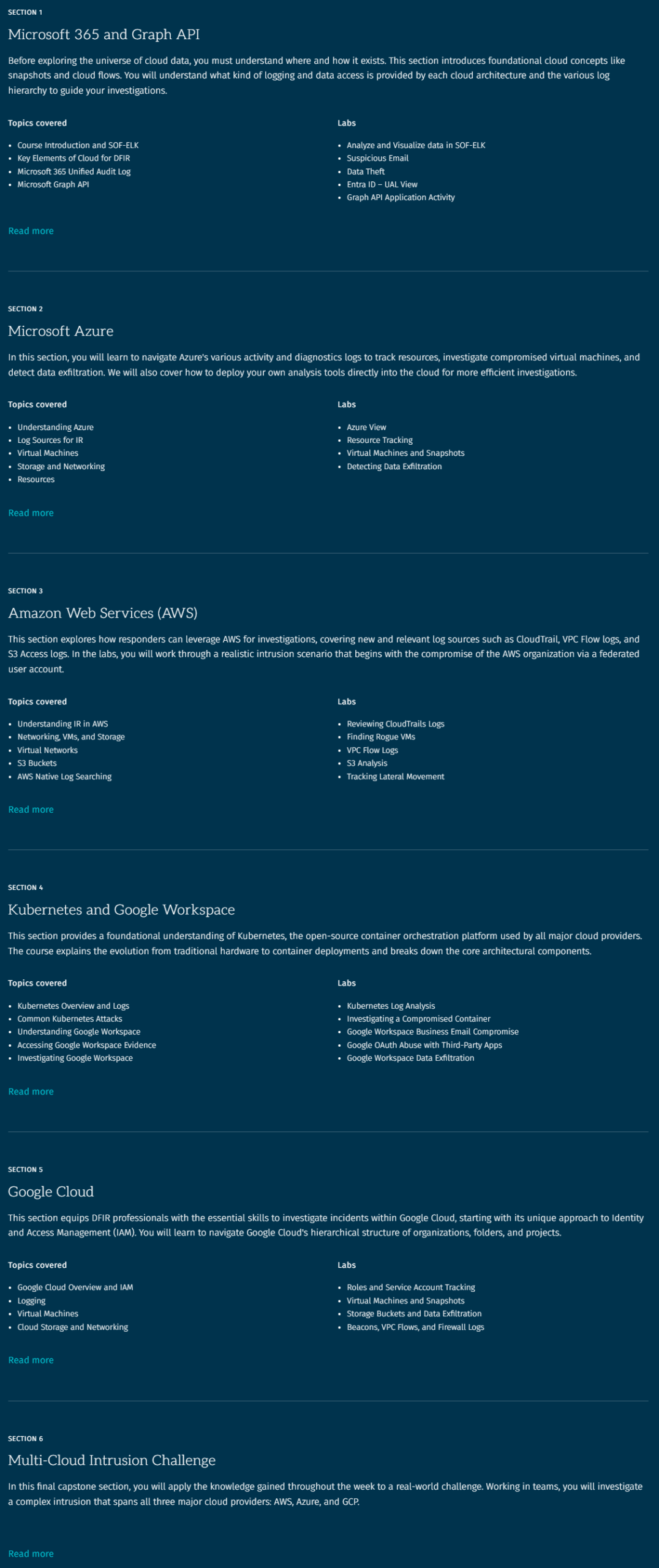 Course topics · SANS — FOR509: Enterprise Cloud Forensics and Incident Response 2021-6