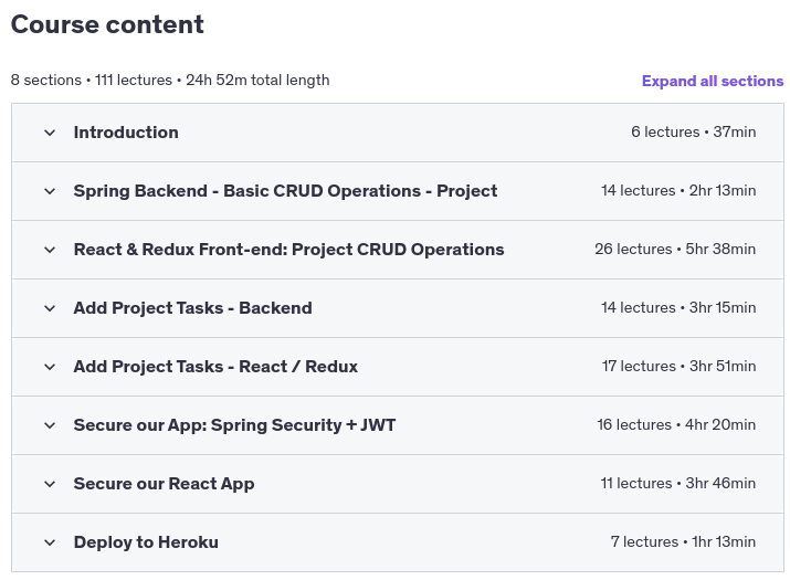 Course topics · Full Stack Project: Spring Boot, React, Redux 2025-1