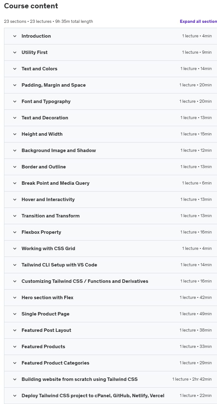 Course topics · Tailwind CSS for Beginners 2023-1