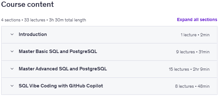 Course topics · Master Modern SQL & PostgreSQL Bootcamp with AI & Copilot 2025-11