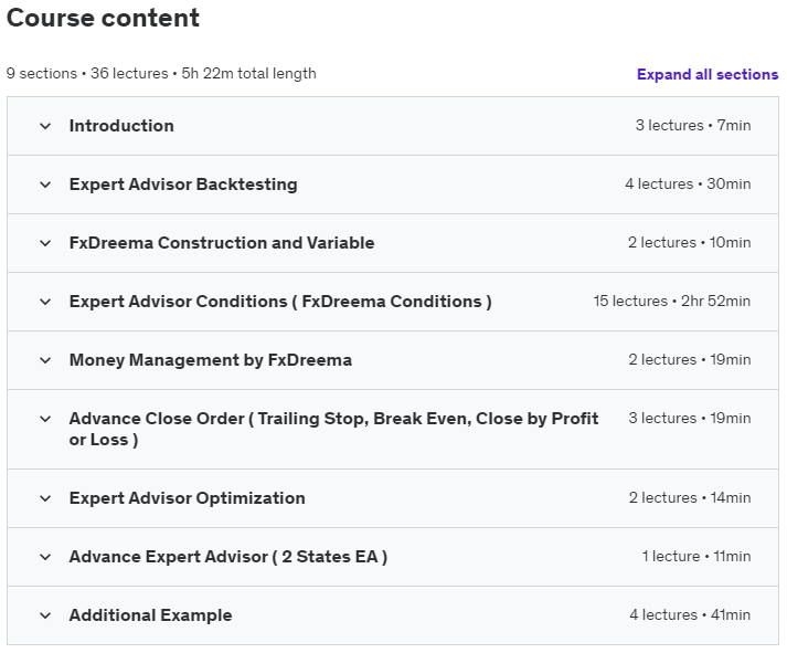 Course topics · Udemy — Forex Trading Robot Expert Advisor Development no Coding 2023-5