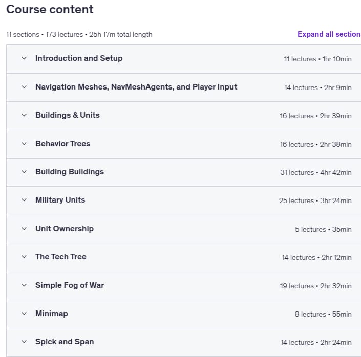 Course topics · Unity Real Time Strategy: Build Your Own RTS Game 2025-11