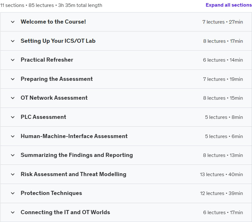 Course topics · Udemy — Assessing and Protecting Industrial Control Systems 2024-4