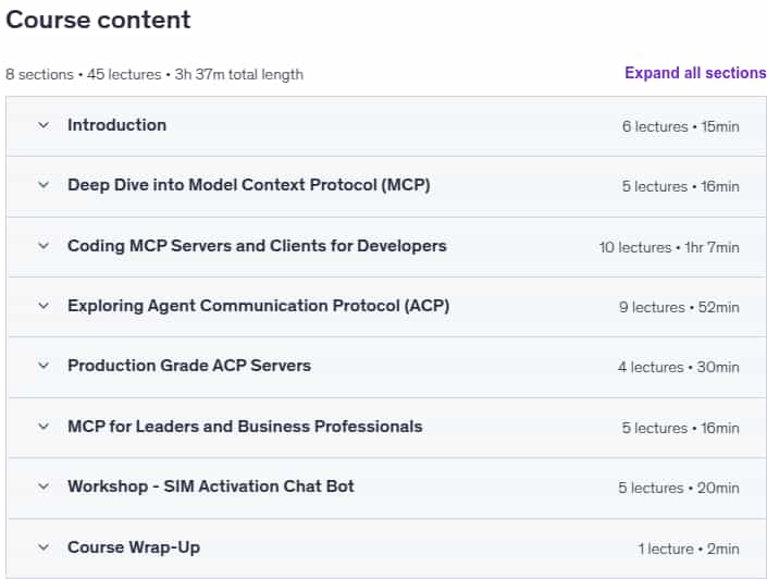 Course topics · Udemy — MCP and ACP for Smarter AI Agents 2025-8