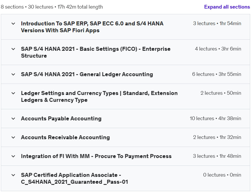 Course topics · Udemy — SAP S/4 HANA Finance & Controlling And S/4 FI Exam Practice 2024-6
