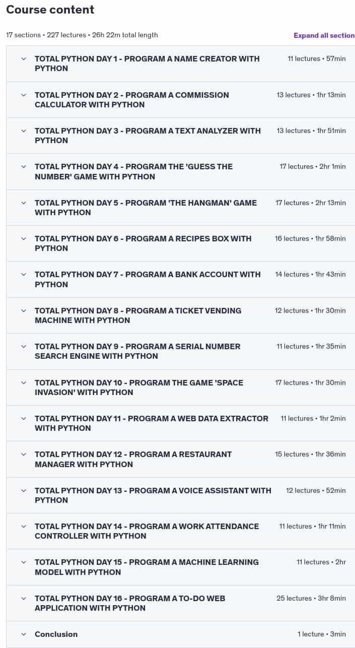 Course topics · Total Python: You Can Master Python Programming in 16 Days 2024-4