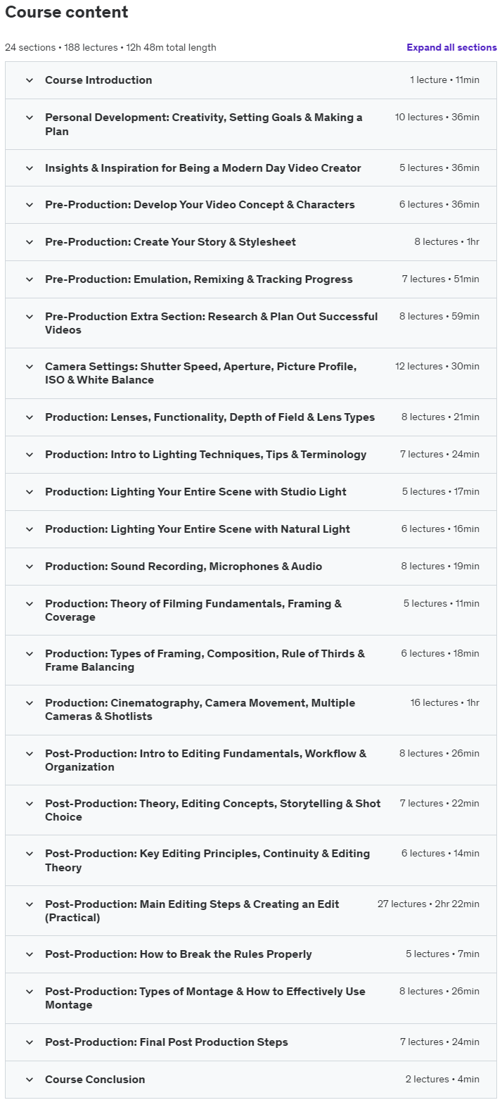 Course topics · Udemy — Complete Filmmaker Guide: Become an Incredible Video Creator 2023-6