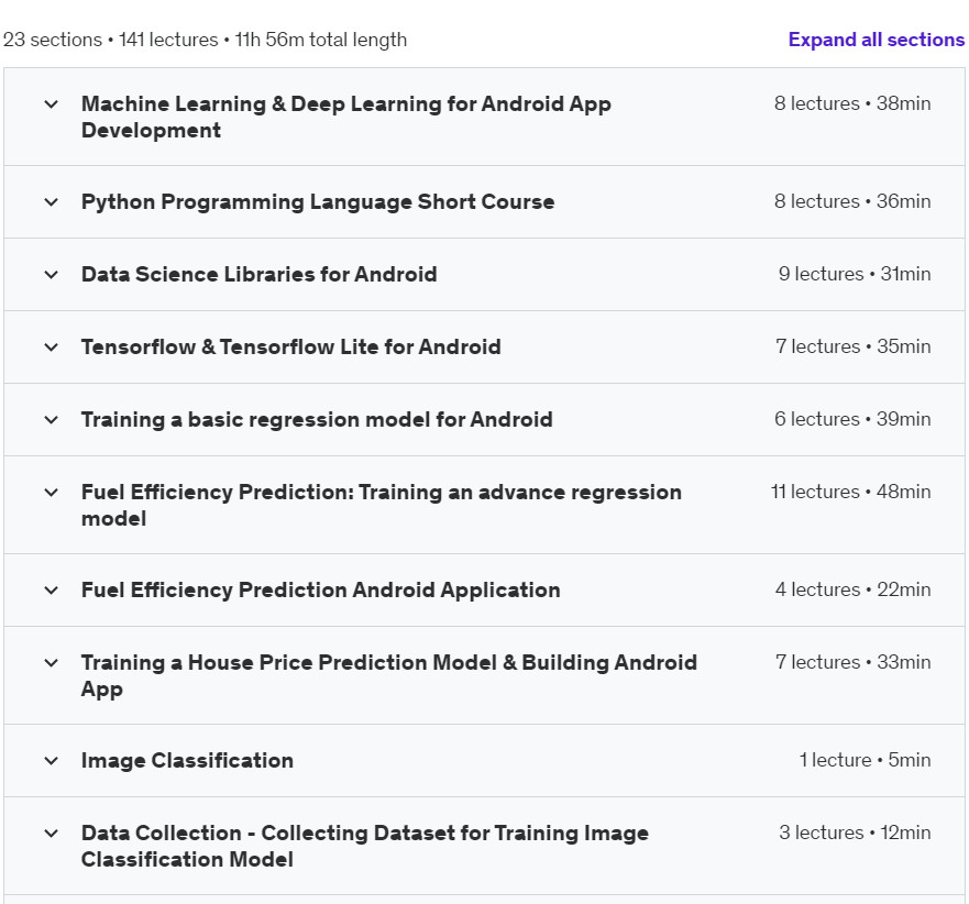 Course topics · Udemy — Android 15 & ML – Train Tensorflow Lite Models for Android 2024-9