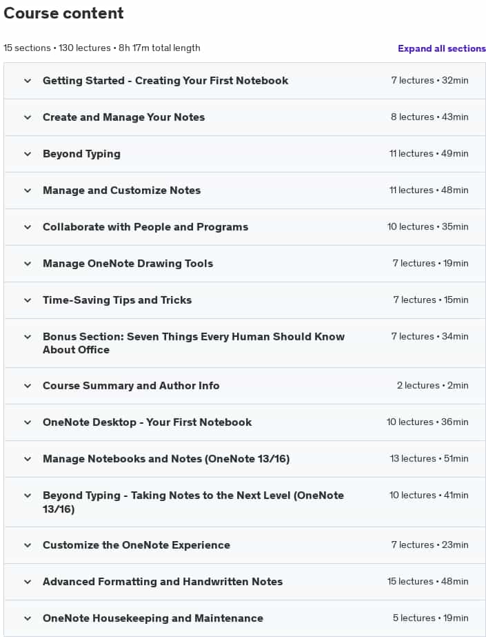 Course topics · Udemy — Microsoft OneNote Like a Boss. The Definitive Course. 2024-9