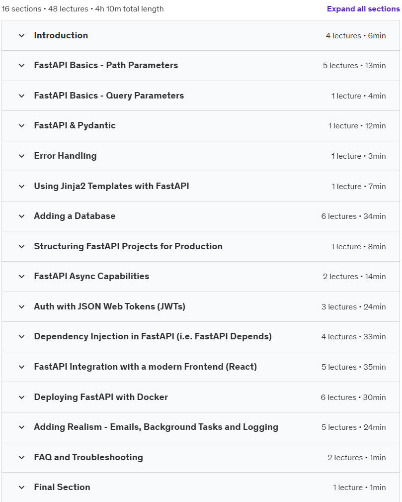 Course topics · Udemy — FastAPI for Busy Software Engineers 2022-5