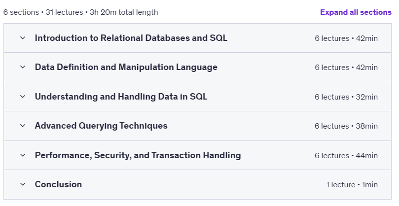 Course topics · Udemy — RDBMS & SQL: Fundamentals for Backend Developers 2025-3