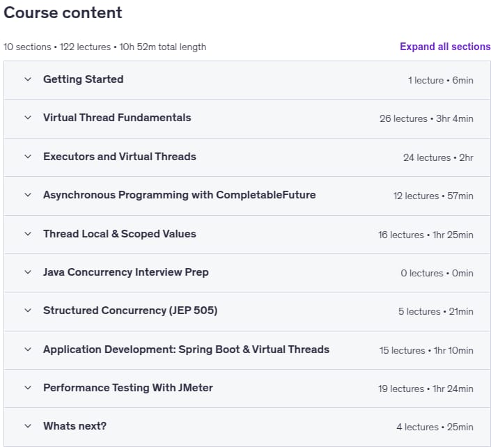 Course topics · Java 25: Virtual Threads, Concurrency Masterclass [Hands-On] 2025-11