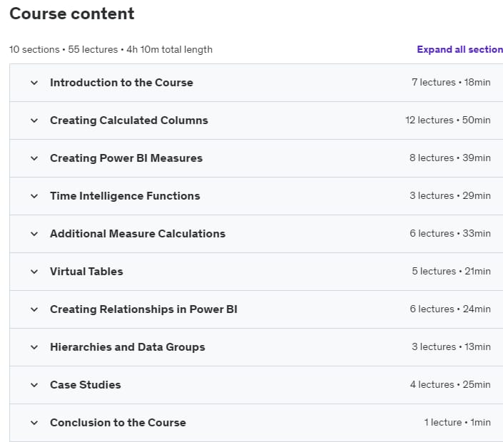 Course topics · Udemy — Power BI Master Class-Data Models and DAX Formulas 2022-3