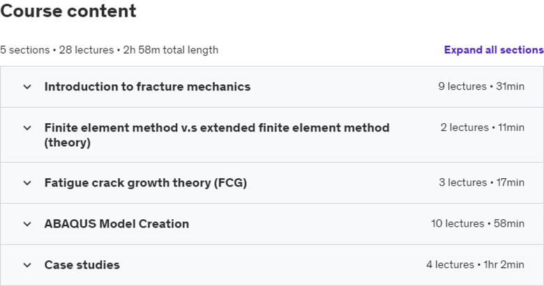 Course topics · Udemy — ABAQUS learning: Fracture & Fatigue theory & implementation. 2024-8
