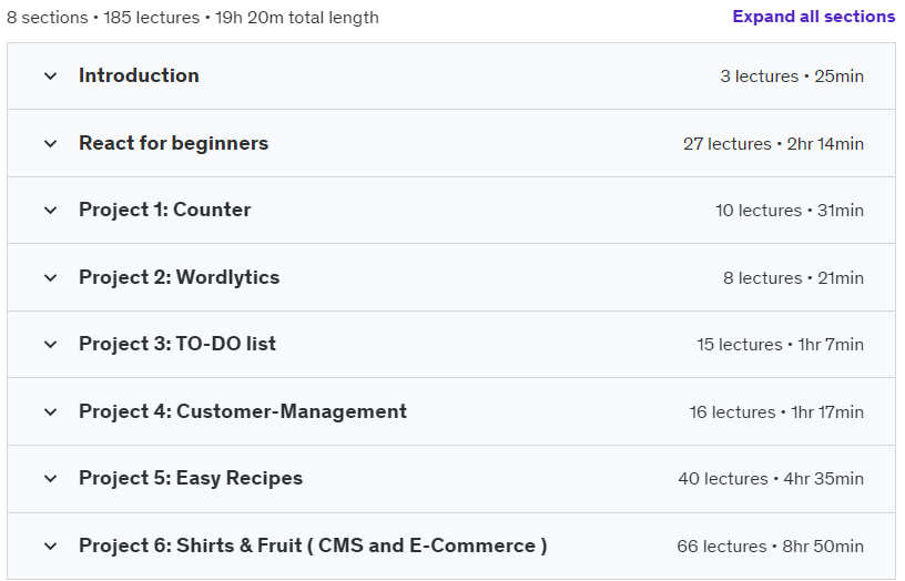 Course topics · React Mega Course – Learn React and then build 6 projects 2024-5