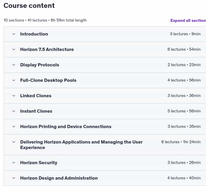 Course topics · Udemy — Clear and Simple VMware Horizon View 7.5 VCP-DTM (2019) 2023-9