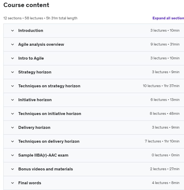 Course topics · Udemy — Agile Business Analysis (IIBA®-AAC endorsed) 2020-6