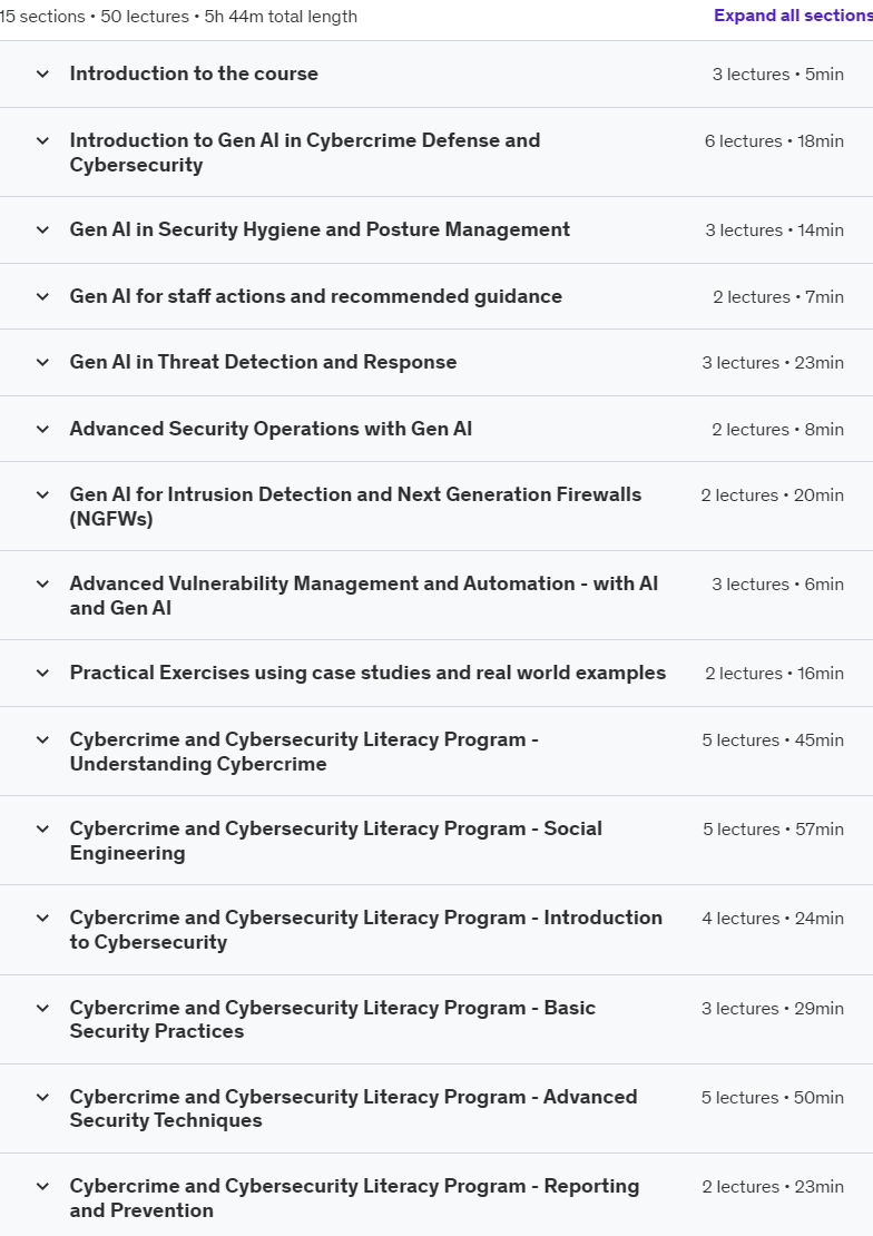 Course topics · Udemy — Gen (Generative) AI for Cybercrime Defense and Cybersecurity 2024-9