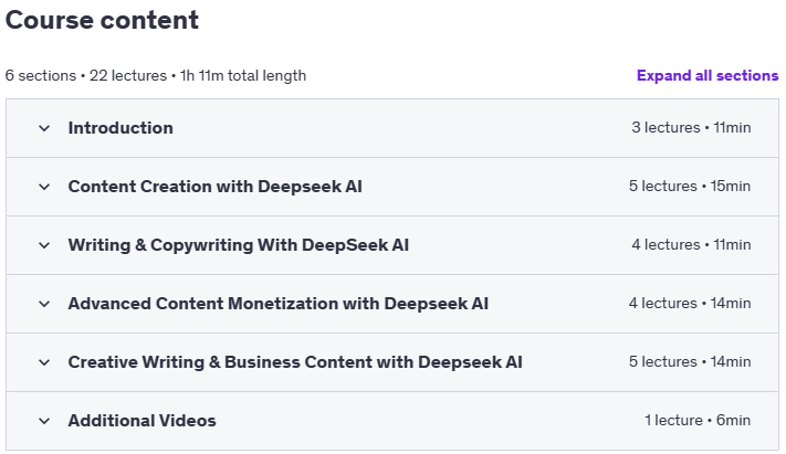 Course topics · Udemy — DeepSeek AI for Passive Income: Make Money Online with AI 2025-2