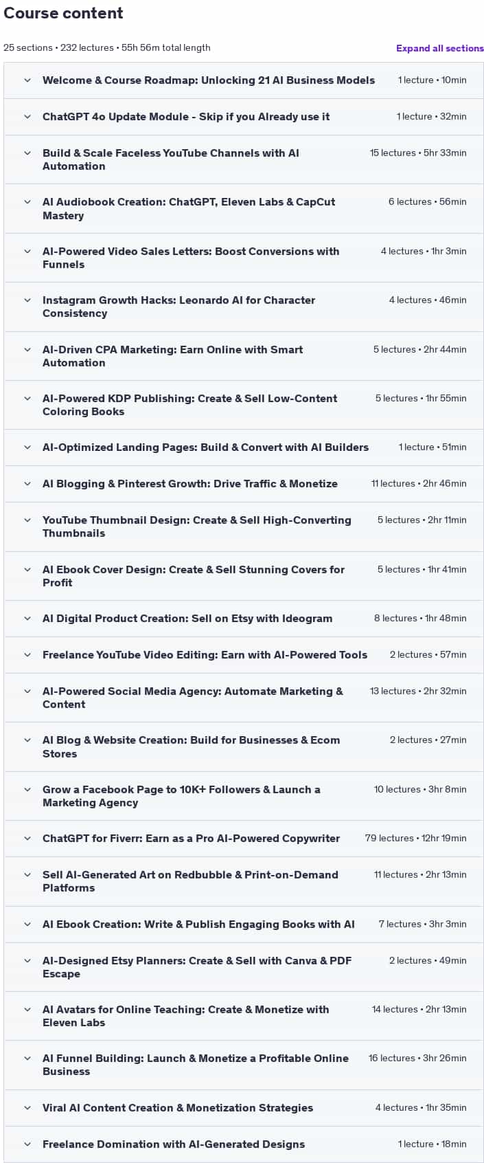 Course topics · Udemy — 21 AI Business Models to Make Passive Income Online in 2025 2025-7