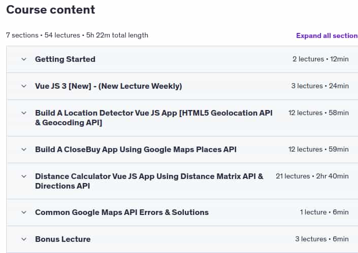 Course topics · Build 3 Location Based Vue JS Web Apps Using Google Maps API 2024-5
