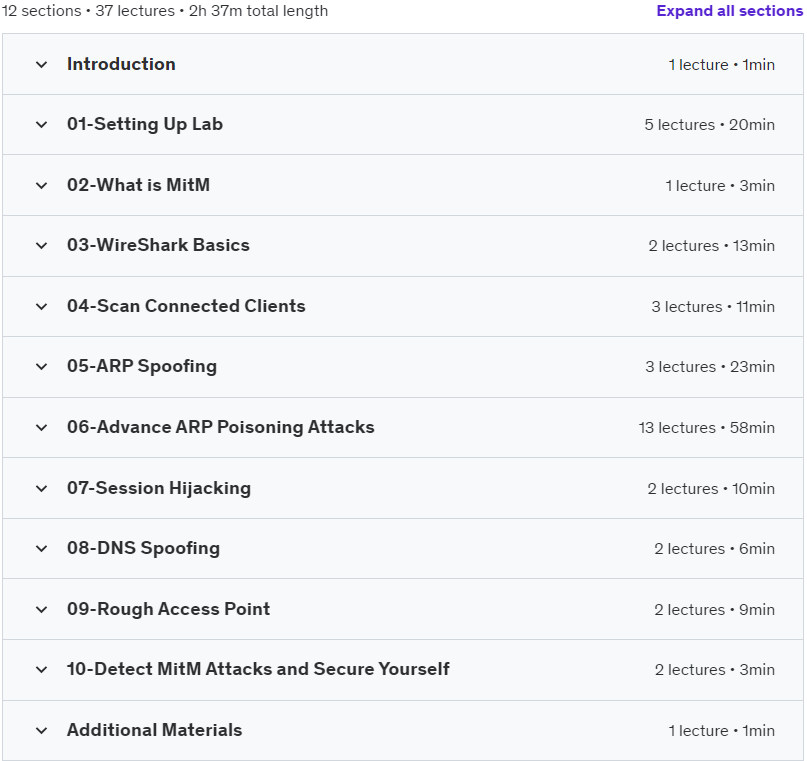 Course topics · Ethical Hacking: Man in the Middle Attacks Basic to Advance 2021-12