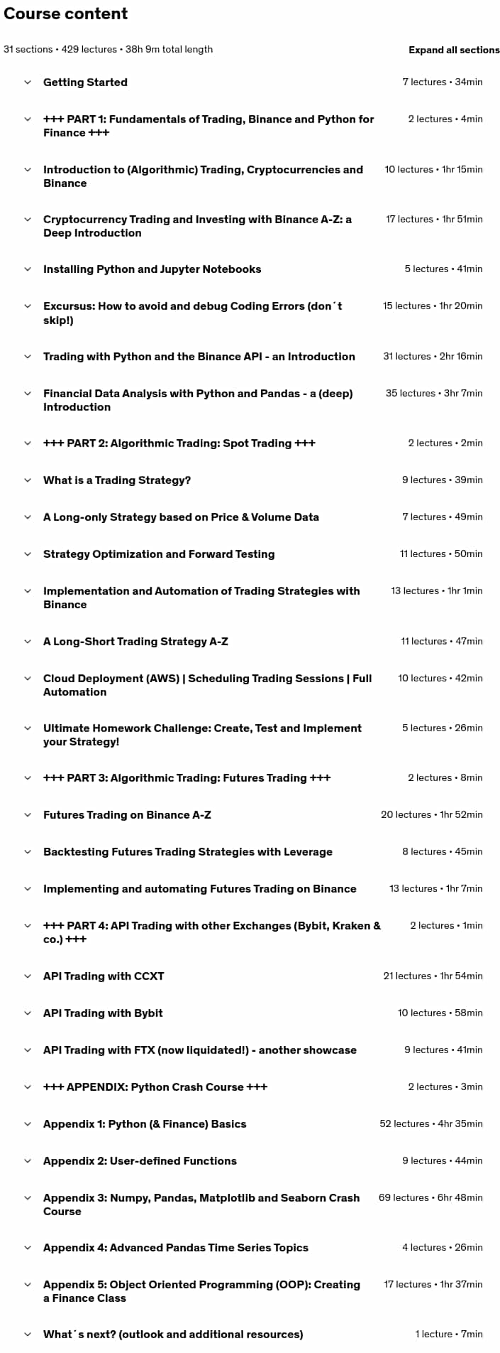 Course topics · Cryptocurrency Algorithmic Trading with Python and Binance 2025-7