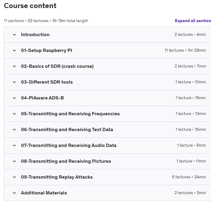 Course topics · Udemy — SDR for Ethical Hackers and Security Researchers 5.0 2023-11