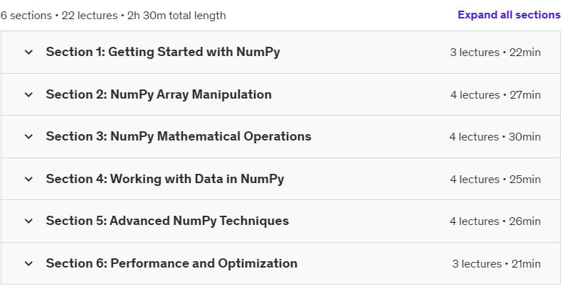 Course topics · NumPy Programming Mastery: Learn Python for Data Analysis 2024-9