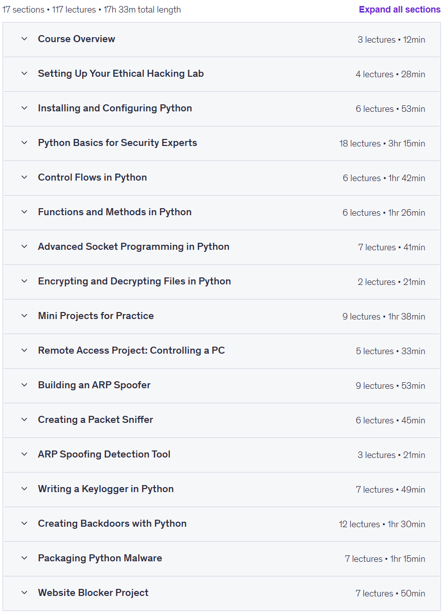 Course topics · Python for Ethical Hacking and Penetration Testing 2025-6