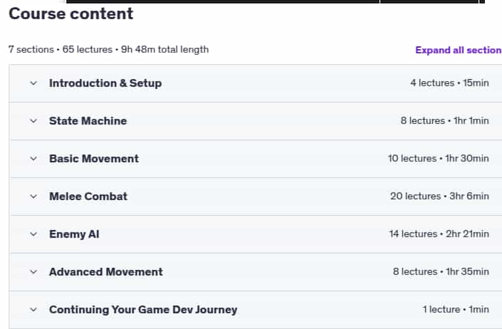 Course topics · Udemy — Unity 3rd Person Combat & Traversal 2025-7