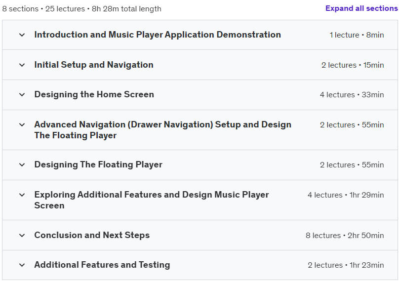 Course topics · Build Music Player with React Native Complete Features 2024-5