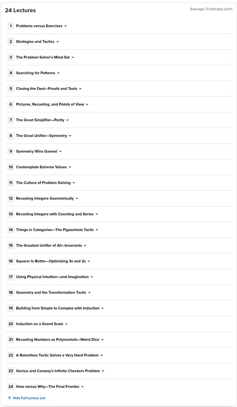 Course topics · The Great Courses — Art and Craft of Mathematical Problem Solving 2020-12