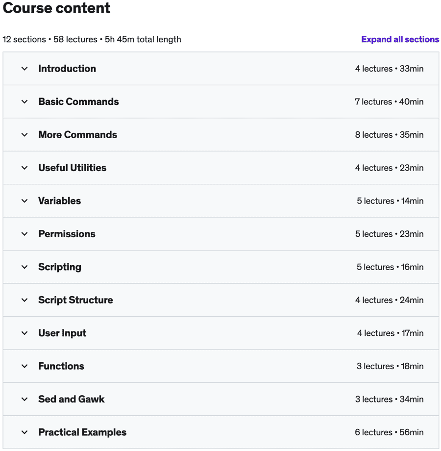 Course topics · The Complete Bash/Shell Developer Course 2022-12