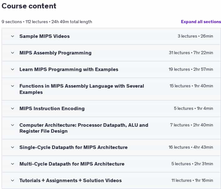Course topics · Udemy — Computer Architecture and MIPS Assembly Language Programming 2025-3