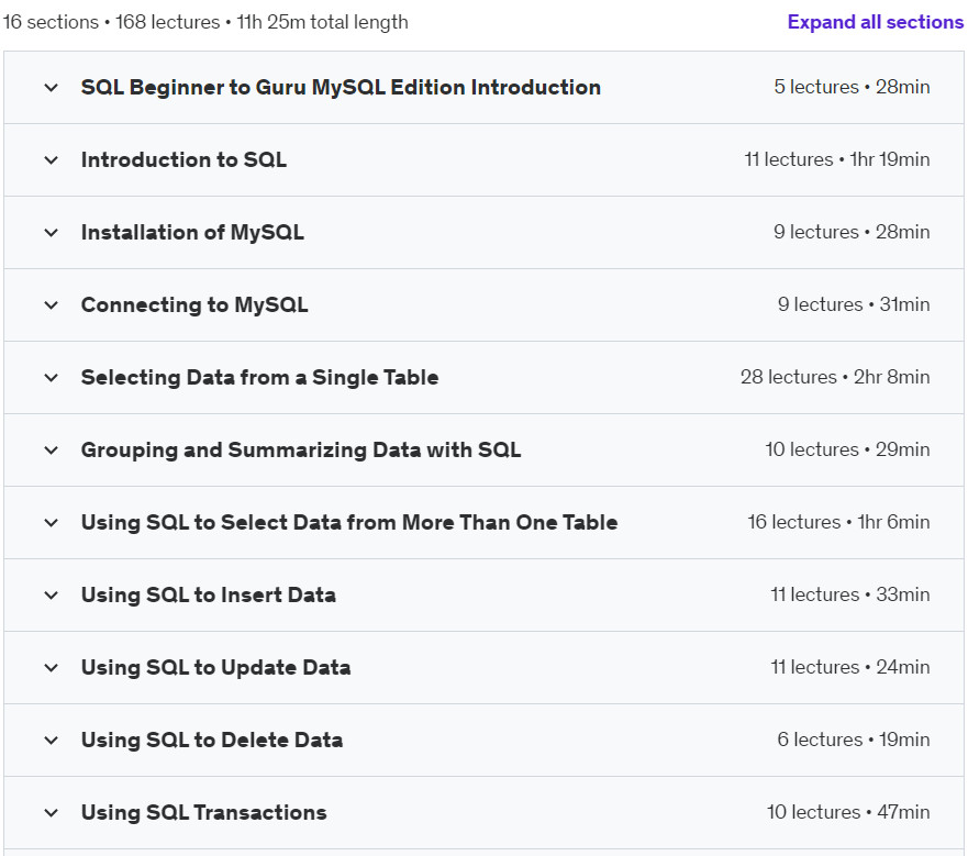 Course topics · Udemy — SQL Beginner to Guru: MySQL Edition – Master SQL with MySQL 2019-3