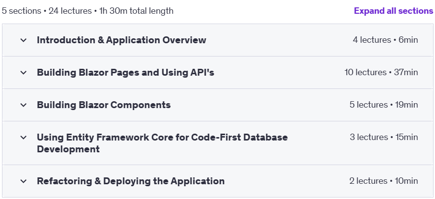 Course topics · Udemy — Build a Full-Stack .NET Blazor Application 2025-1