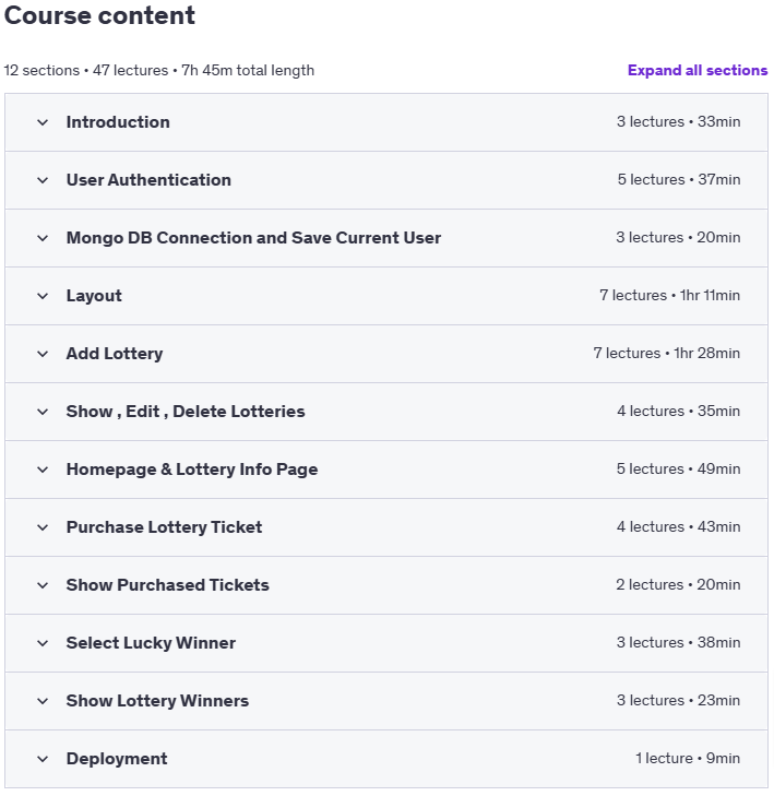 Course topics · Next.js 14 Lottery & Lucky Draw App 2024-1